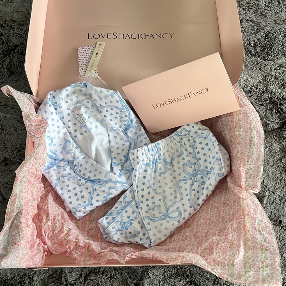 LoveShackFancy x Roller Rabbit Blue Luna Bow Hearts Polo Pajamas